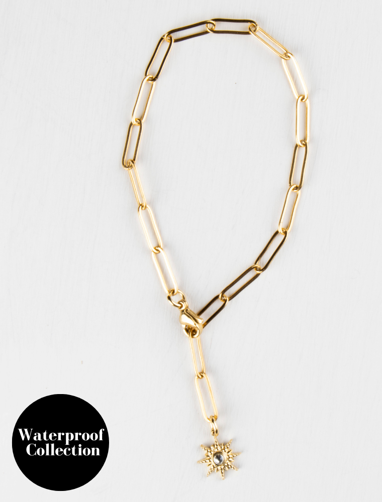 Natasha Adjustable Paperlink Waterproof Bracelet With Starburst Charm - 18k Gold Plated Stainless Steel