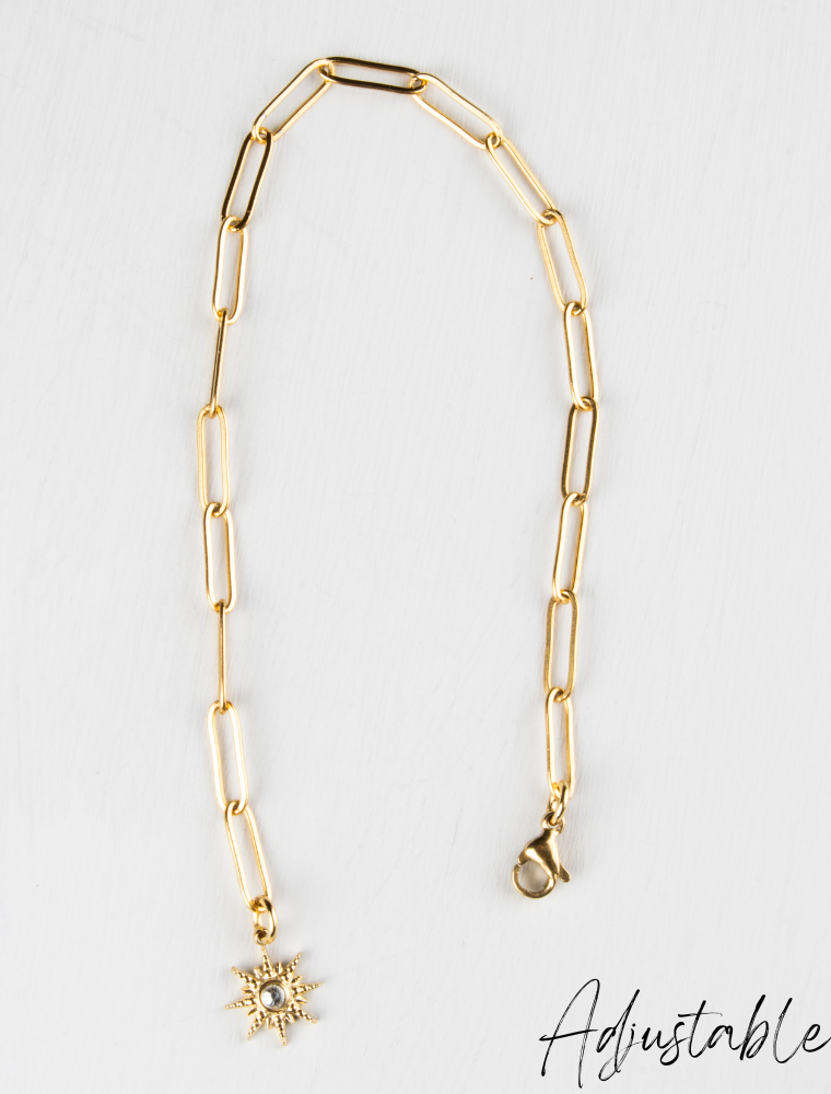 Natasha Adjustable Paperlink Waterproof Bracelet With Starburst Charm - 18k Gold Plated Stainless Steel - Image 2