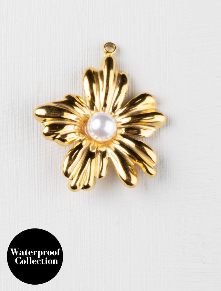 Large Flower Pearl Charm - 75 - 18k Gold Plated Stainless Steel