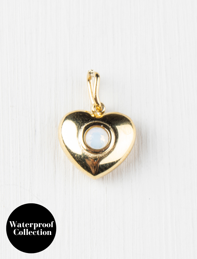 Small Heart Charm With Opal Stone - 59 - 18k Gold Plated Stainless Steel