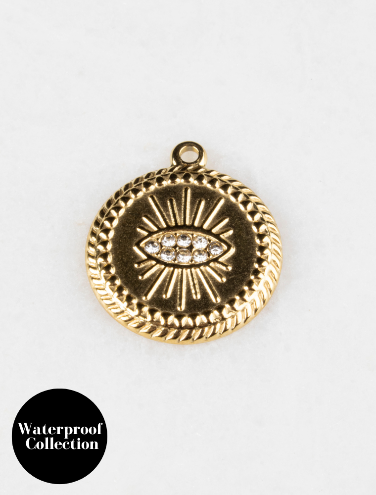 Medium Evil Eye Disc Charm - 53 - 18k Gold Plated Stainless Steel