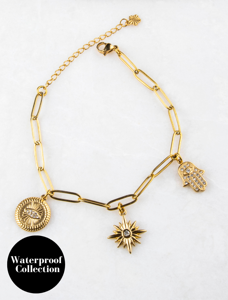 Charlotte 3 Charm Waterproof Paperlink Bracelet - 18k Gold Plated Stainless Steel