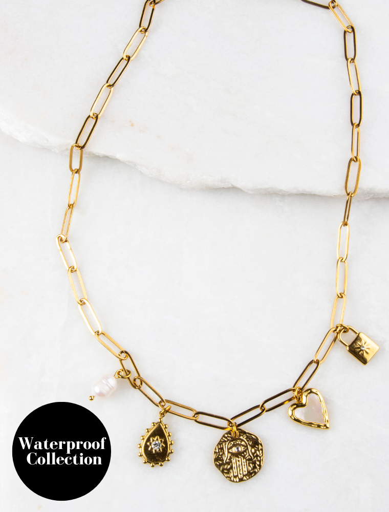 Annie 5 Charm Waterproof Necklace - 18k Gold Plated Stainless Steel
