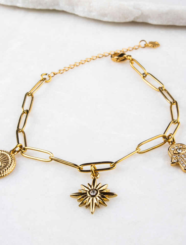 Charlotte 3 Charm Waterproof Paperlink Bracelet - 18k Gold Plated Stainless Steel - Image 3