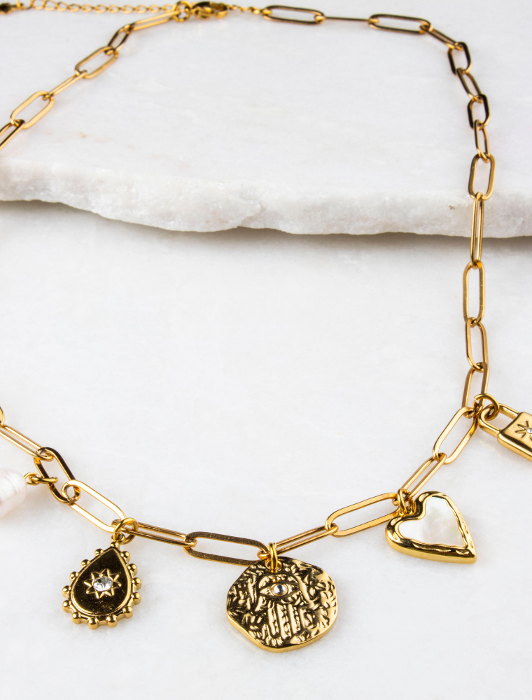 Annie 5 Charm Waterproof Necklace - 18k Gold Plated Stainless Steel - Image 3