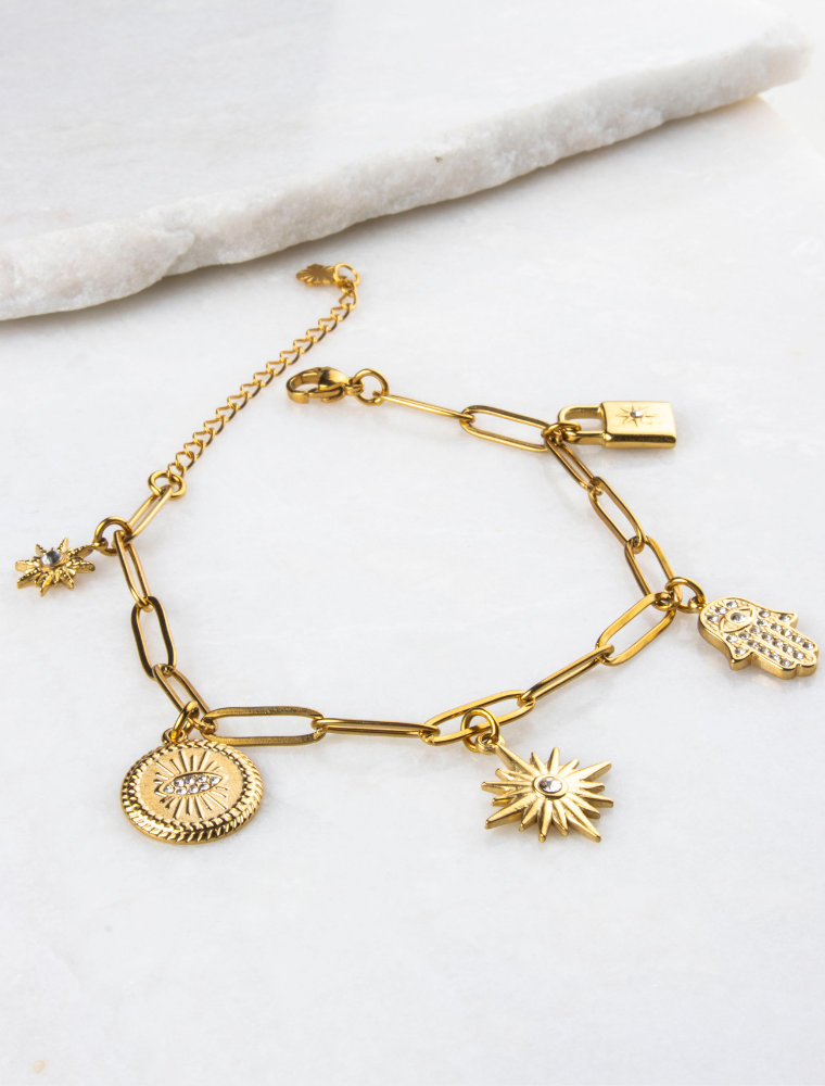 Gracie 5 Charm Waterproof Paperlink Bracelet - 18k Gold Plated Stainless Steel - Image 3
