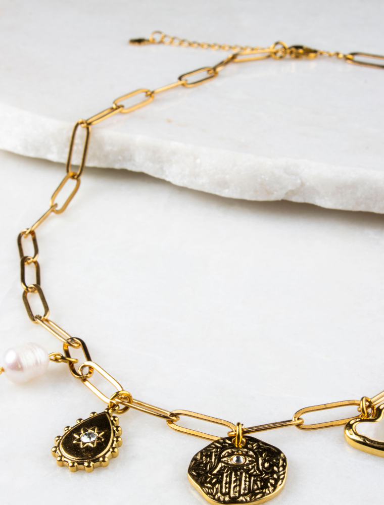 Annie 5 Charm Waterproof Necklace - 18k Gold Plated Stainless Steel - Image 6