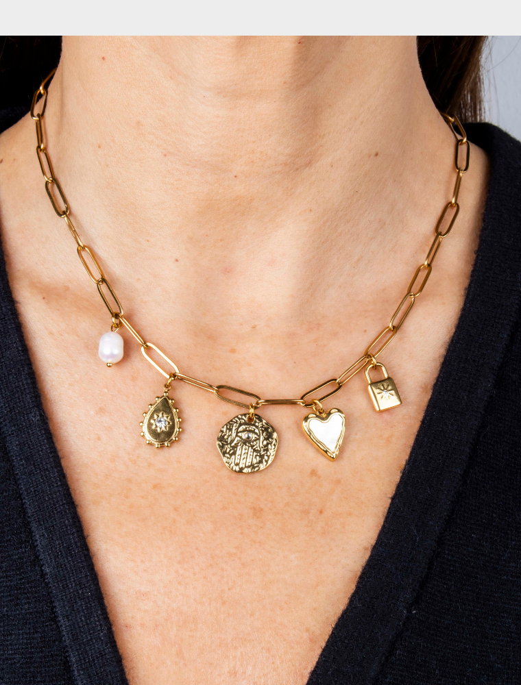 Annie 5 Charm Waterproof Necklace - 18k Gold Plated Stainless Steel - Image 2