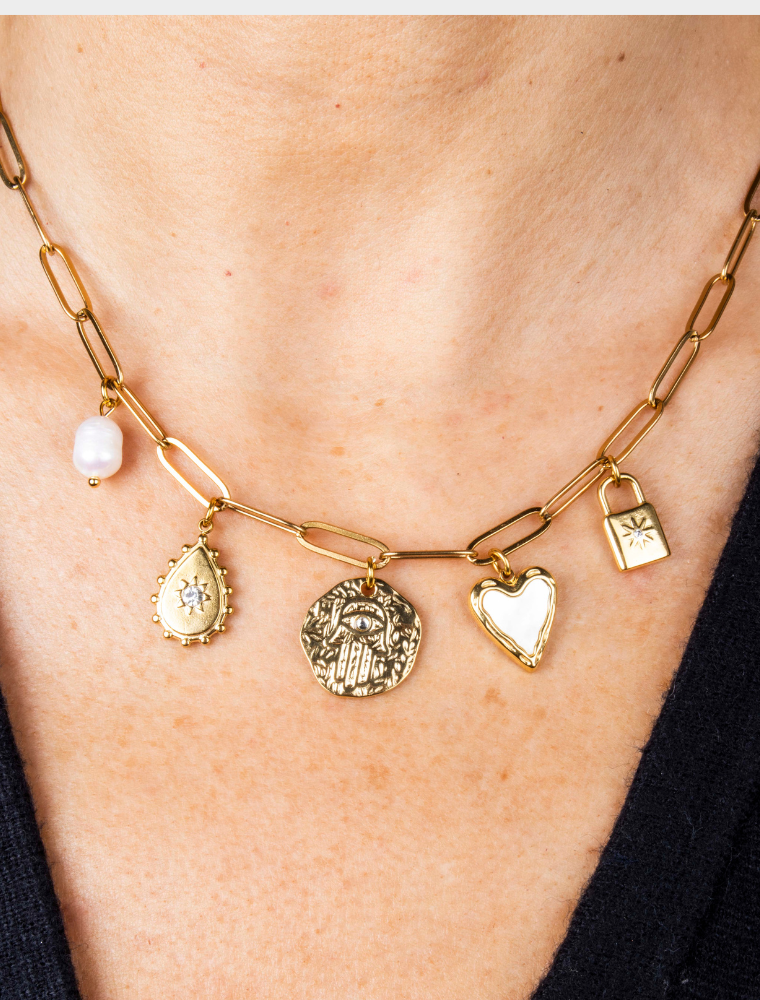 Annie 5 Charm Waterproof Necklace - 18k Gold Plated Stainless Steel - Image 4