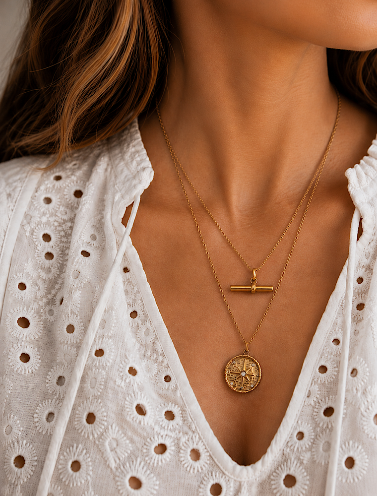 Stack and Save 10%. Cecile and Aletta set of two necklaces-14k gold plated stainless steel.